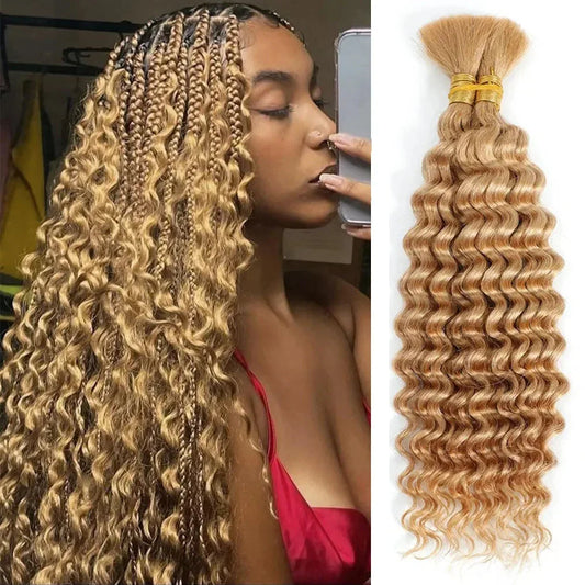 Blonde Highlight Bulk Braiding Hair - Deep Wave Curly Human Hair 100g for Boho Braids - Shello's Creative Boutique