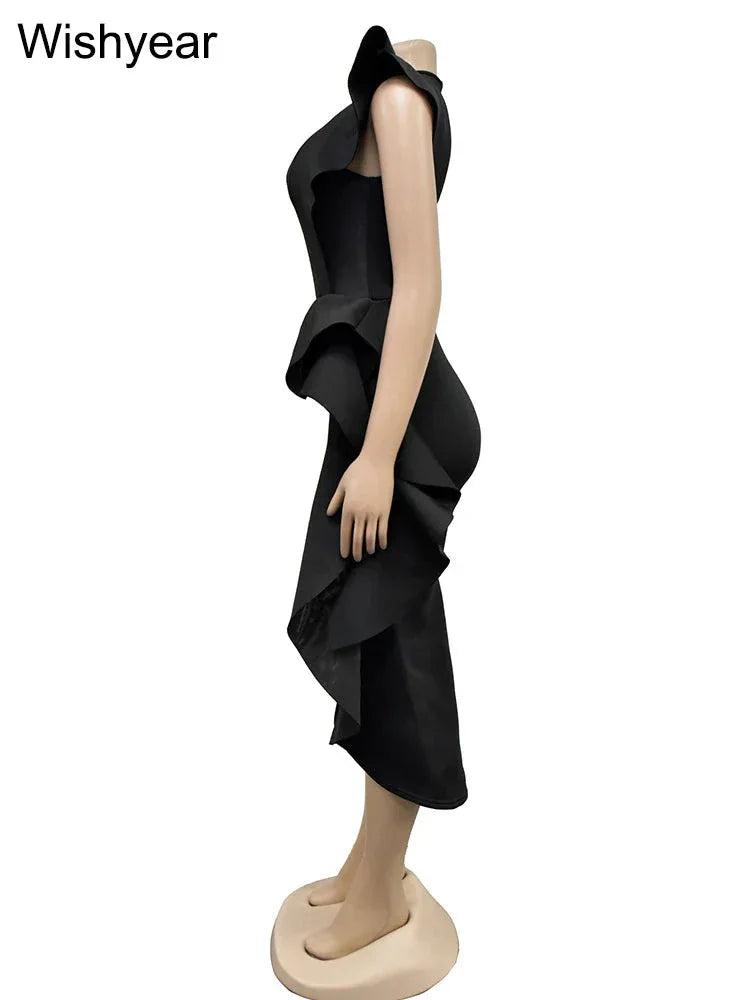 Flare Sleeve Bodycon Midi Dress - High Side Split with Ruffle Detail for Evening & Party - Shello's Creative Boutique