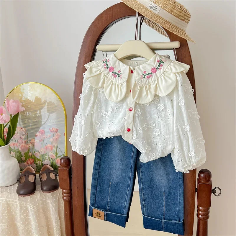 Children's Clothing Shirt 2024 New Girls Doll Shirt Childrens Clothing Autumn Clothing Korean Embroidered Shirt Baby Shello's Creative Boutique