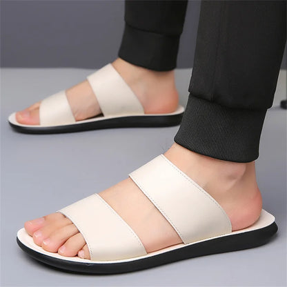 Men's Luxury Leather - Non-Slip Beach Sandals & Flat Casual Slides (Large Size 48) - Shello's Creative Boutique