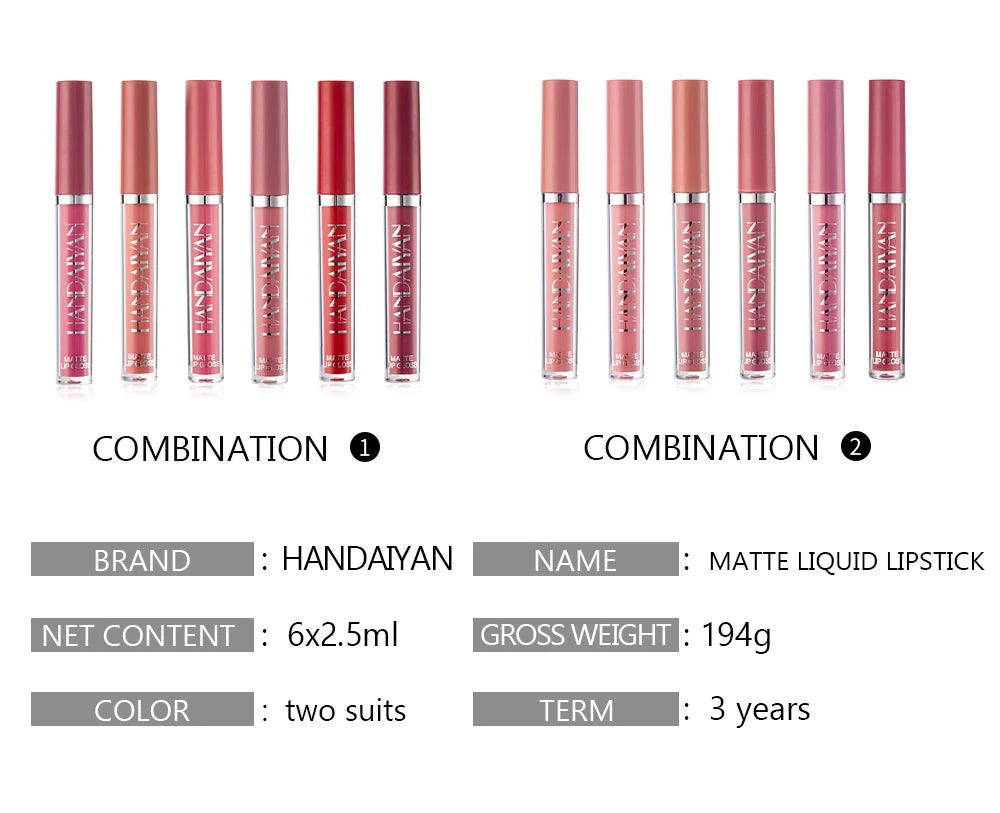 HANDAIYAN 6-Piece Liquid Lipstick Set - Long-Lasting Matte Lip Gloss Gift Box