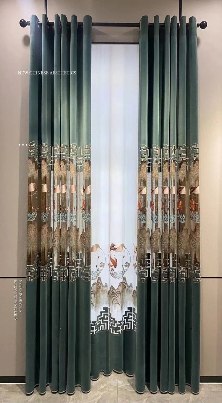 Embroidered Modern Velvet Blackout Curtains - Custom Classic Shading Drapes for Living Room & Bedroom