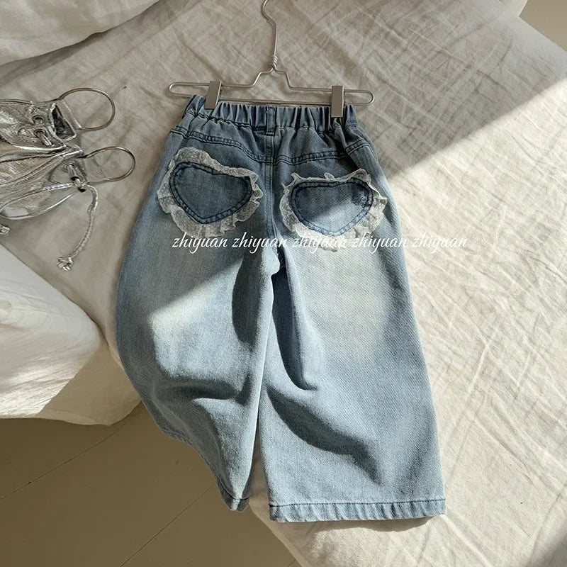 Girls Lace Straight Leg Jeans 2025 Spring Children Clothing Pants Children Korean Wide Leg Denim Pants Shello's Creative Boutique