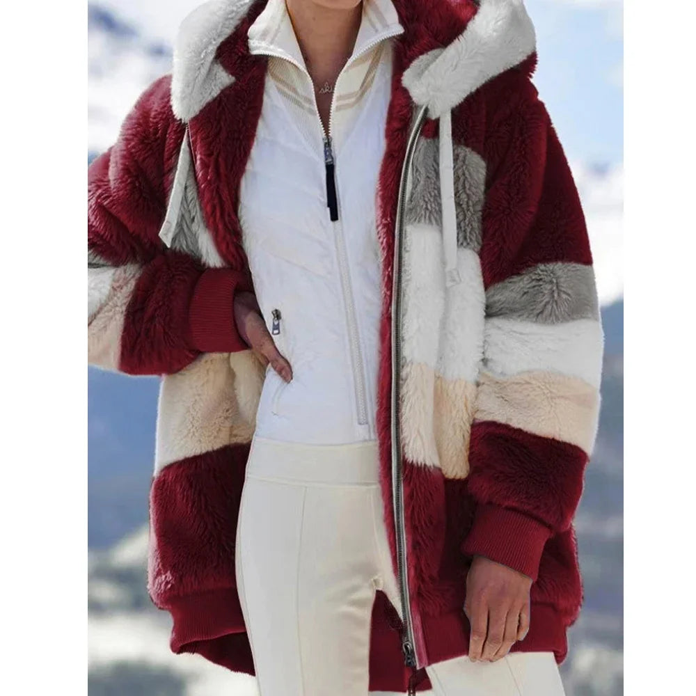 Women's Winter Hooded Coat 2026 - Thick Cashmere Plaid Stitched Jacket with Zipper - Shello's Creative Boutique