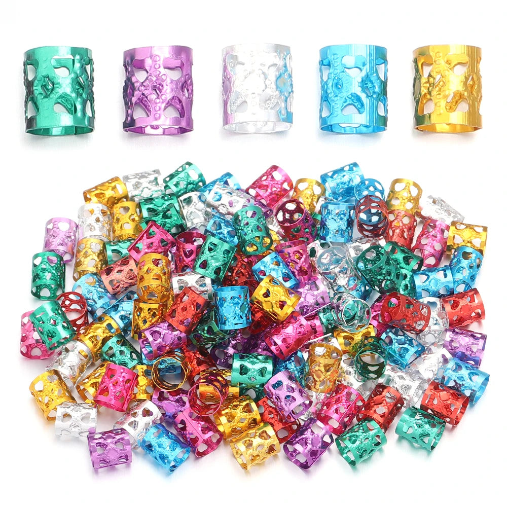 100Pcs/lot Dreadlock Hair Rings Metal Hollow Tube Dirty Dread Braids Adjustable for Cuffs Clip Hair Accessories Styling Tools - Shello's Creative Boutique
