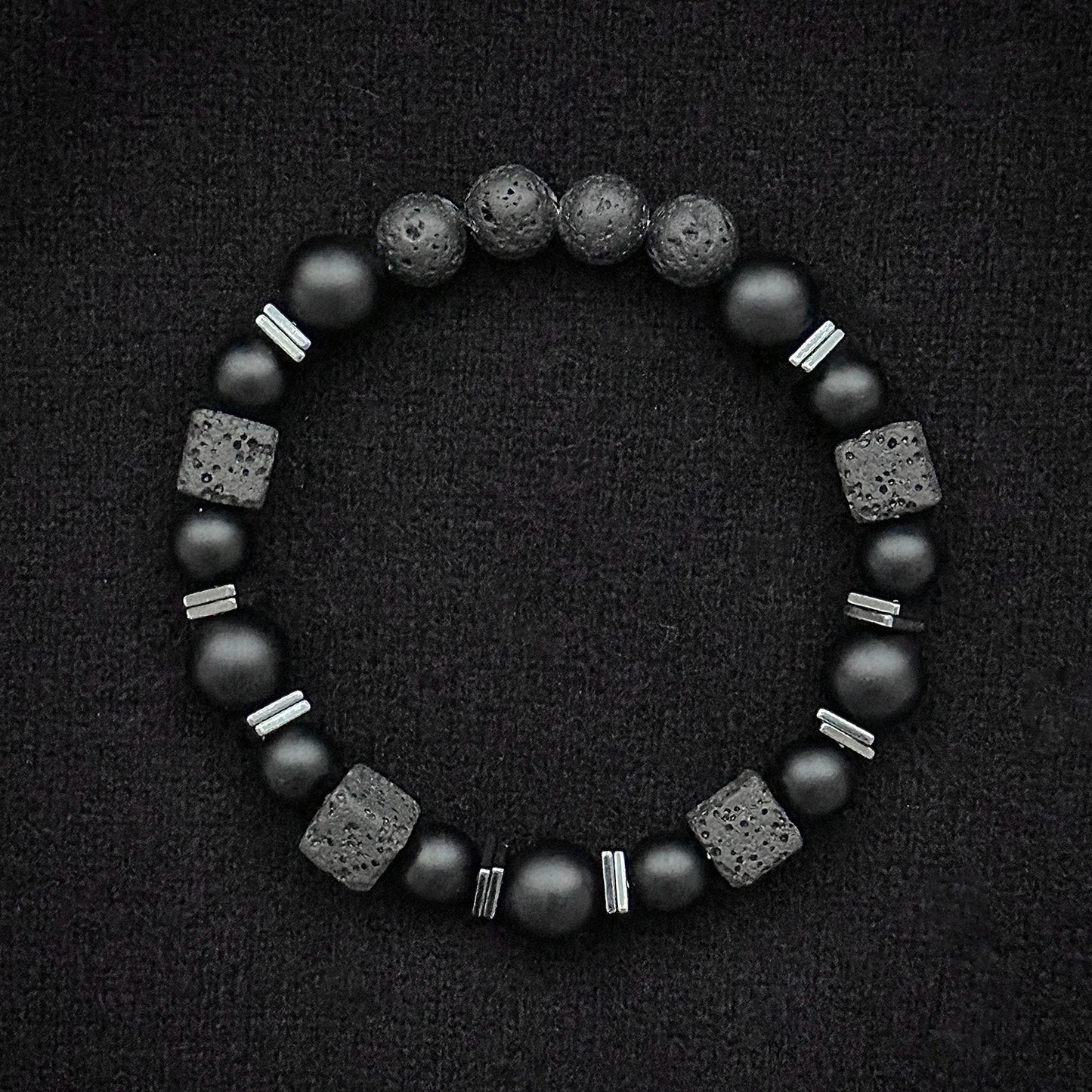 Natural Matte Black Onyx & Cube Lava Bead Bracelet – Men's Vintage Stone Jewellery