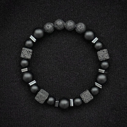 Natural Matte Black Onyx & Cube Lava Bead Bracelet – Men's Vintage Stone Jewellery