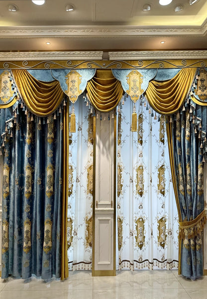 French European Blue Velvet Blackout Curtains - Custom Bay Window Drapes with Tulle Valance