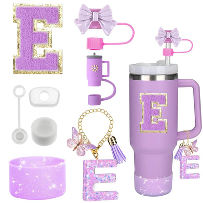 8PCS Accessories Set for Stanley Cup Purple 30oz 40oz tumbler Silicone Straw Topper Cover Cap Boot Handle Charm Initials Sticker - Shello's Creative Boutique
