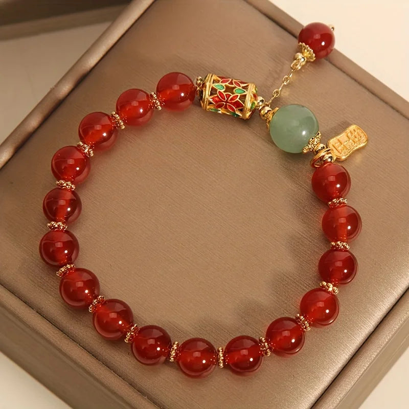 Retro Synthetic Agate Red Bead Bracelet – Lucky Charm Jewellery for Men & Women