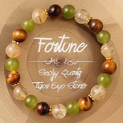 Tiger Eye, Citrine & Green Jade Natural Stone Beaded Bracelet with Gold Spacers