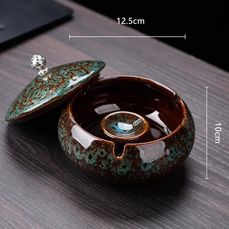 Creative Ceramic Ashtray with Lid – Anti-Fly Ash Desktop Ornament, 18 Styles