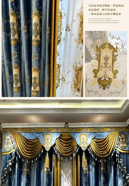 French European Blue Velvet Blackout Curtains - Custom Bay Window Drapes with Tulle Valance