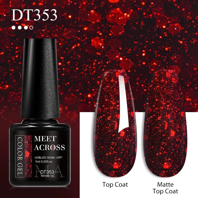 MEET ACROSS 7ml Red Gel Nail Polish Crystal Semi Permanent Soak Off UV Gel Varnish Nail Art Manicure Base Matte Top Coat Vernis - Shello's Creative Boutique