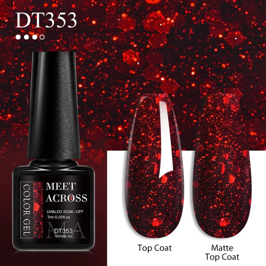 MEET ACROSS 7ml Red Gel Nail Polish Crystal Semi Permanent Soak Off UV Gel Varnish Nail Art Manicure Base Matte Top Coat Vernis - Shello's Creative Boutique