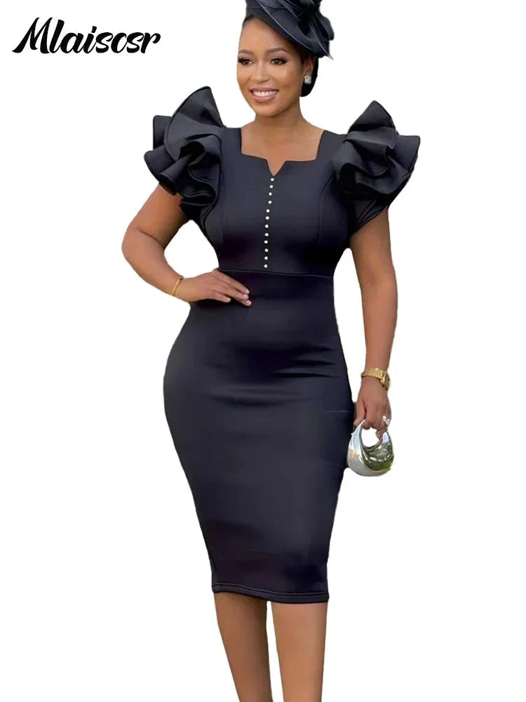 Elegant Square Neck Dress - Ruffled Beaded Mid-Length Evening Dress - Shello's Creative Boutique
