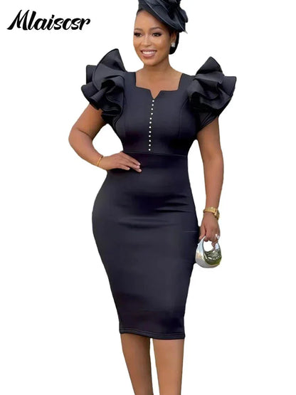 Elegant Square Neck Dress - Ruffled Beaded Mid-Length Evening Dress - Shello's Creative Boutique