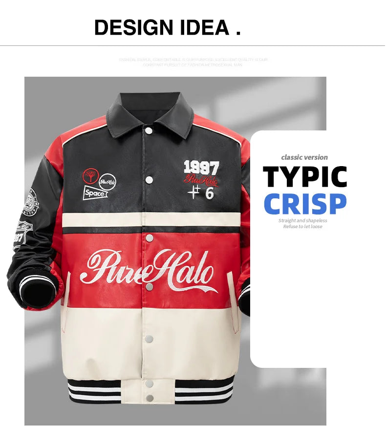 Women's Faux Leather Jacket Motorcycle Bomber Windproof Coat Spring&Autumn Warm Plus Size Baseball Coat Color-blocked Embroidery - Shello's Creative Boutique