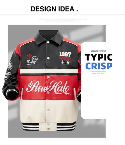 Women's Faux Leather Jacket Motorcycle Bomber Windproof Coat Spring&Autumn Warm Plus Size Baseball Coat Color-blocked Embroidery - Shello's Creative Boutique