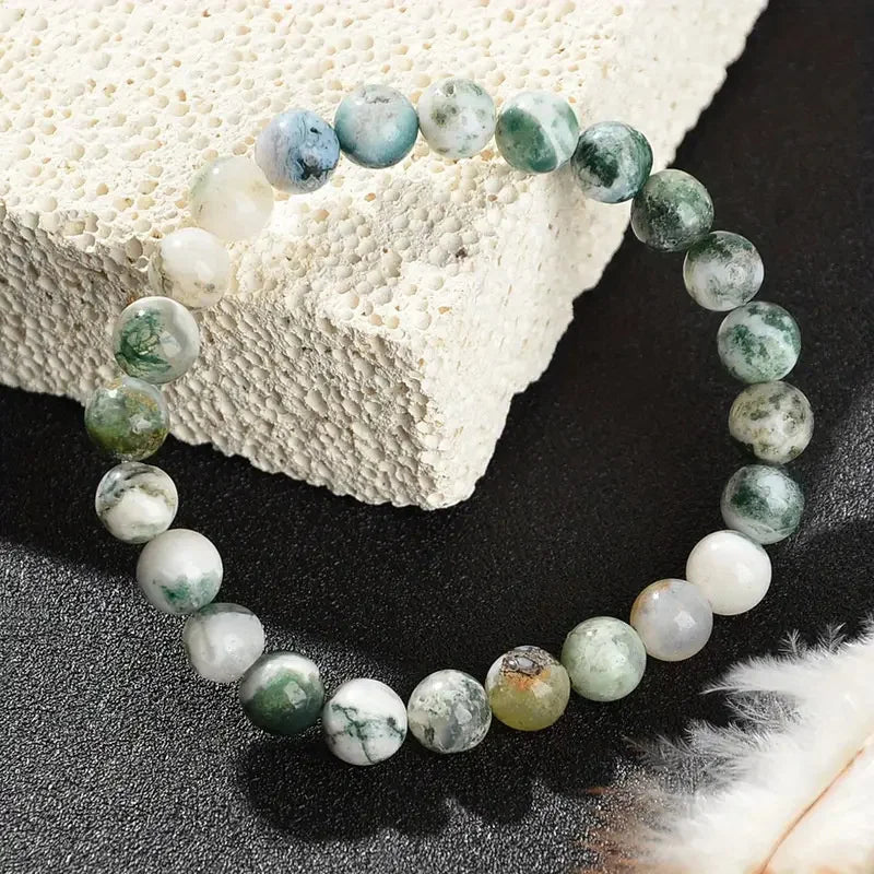 Dendritic Agate Natural Stone Beaded Bracelet – Green & White