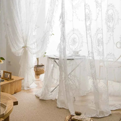 French Lace Sheer Curtains - Romantic Ruffled Floral Embroidery (2 Panels) - Shello's Creative Boutique