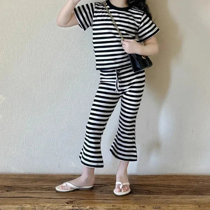 Girls’ Summer Line-Drawing 2-Piece Set – Striped Art-Inspired Tee & Wide-Leg Culottes - Shello's Creative Boutique