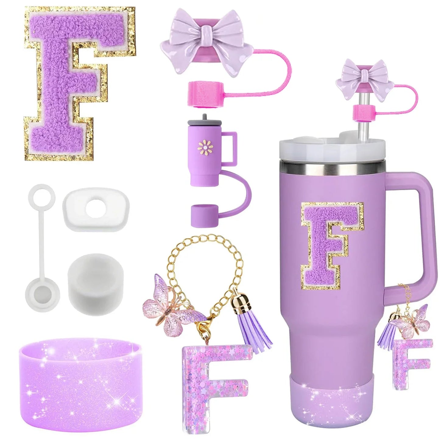 8PCS Accessories Set for Stanley Cup Purple 30oz 40oz tumbler Silicone Straw Topper Cover Cap Boot Handle Charm Initials Sticker - Shello's Creative Boutique