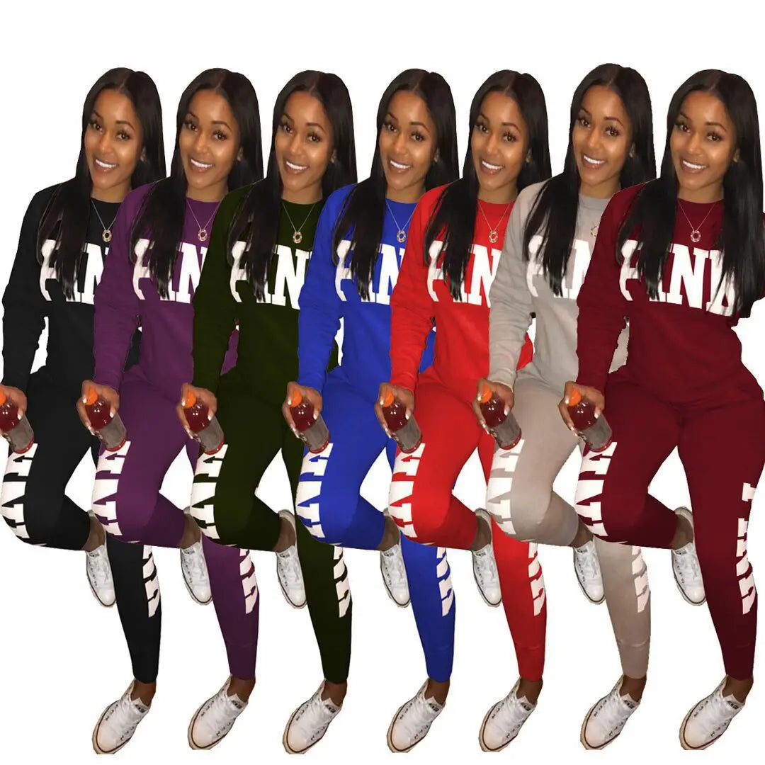 Women's letter-print set in assorted colors, side-striped jogger pants with long-sleeve top