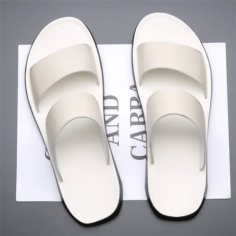 Men's Luxury Leather - Non-Slip Beach Sandals & Flat Casual Slides (Large Size 48) - Shello's Creative Boutique