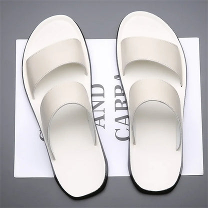 Men's Luxury Leather - Non-Slip Beach Sandals & Flat Casual Slides (Large Size 48) - Shello's Creative Boutique