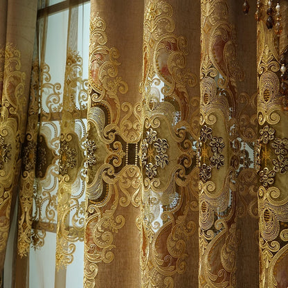 European Luxury Chenille Embroidered Curtains - Coffee Color Villa Valance for Living Room & Bedroom - Shello's Creative Boutique
