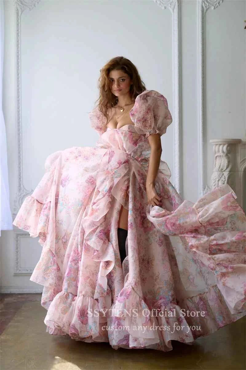 Chic Print Formal Party Dresses Puff Sleeves Ruffle Tulle Junior Pageant Senior Prom Gowns Gala Evening Event Customized Dress