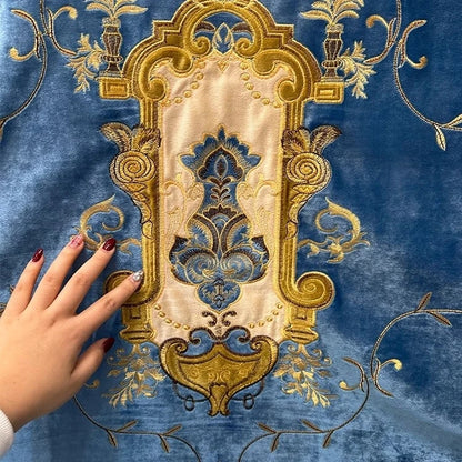French European Blue Velvet Blackout Curtains - Custom Bay Window Drapes with Tulle Valance