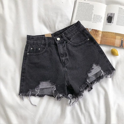 Women's Korean Denim Shorts - High Waist Ripped Y2K Streetwear Hot Pants