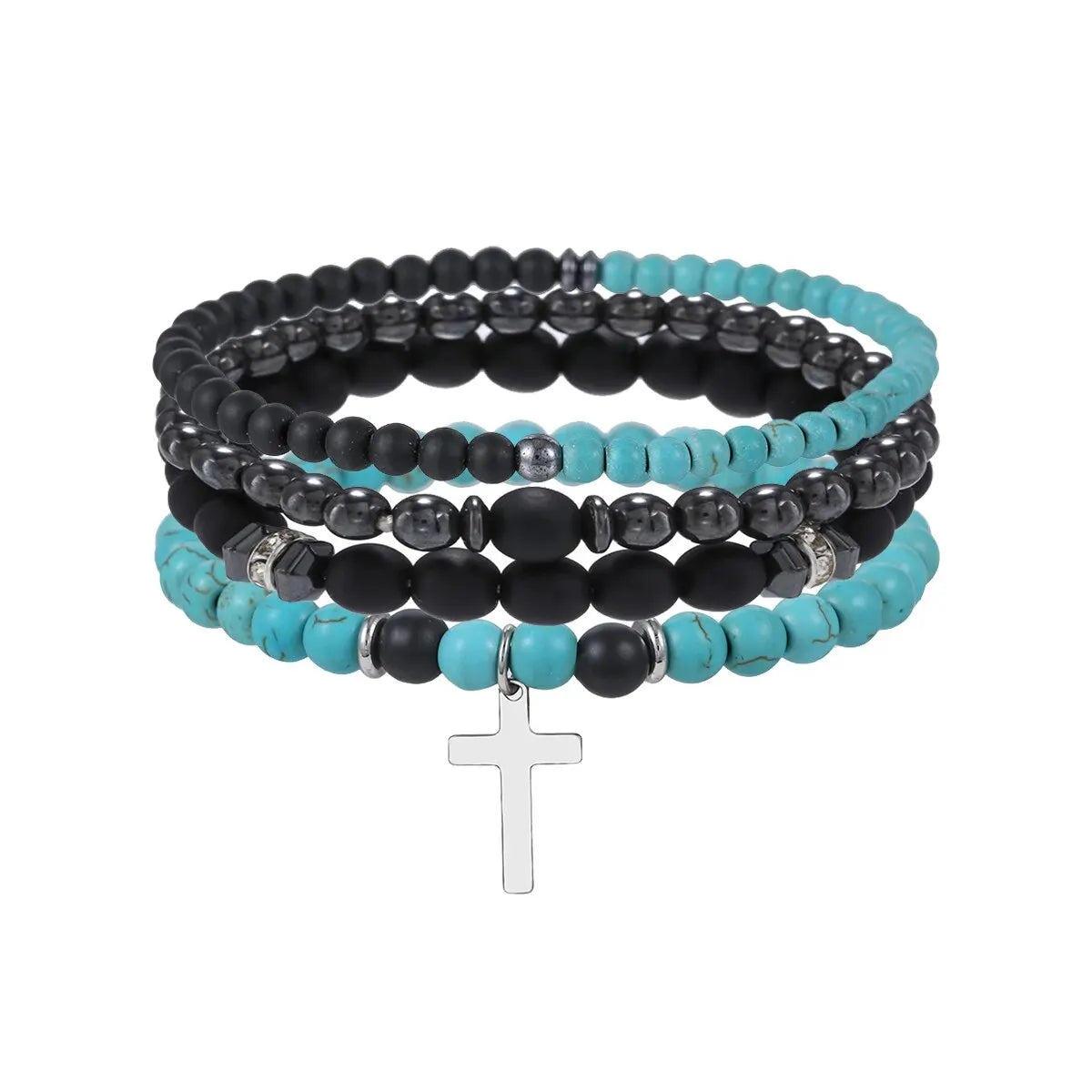 4-Piece Black Stone & Wood Bead Elastic Bracelet Set – Men's & Couples Jewellery