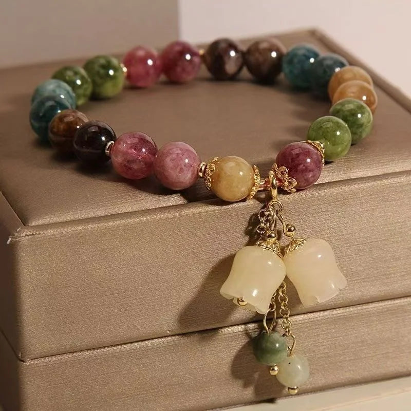 Colourful Tourmaline Crystal Beaded Bracelet with Orchid Pendant – Unisex Gift