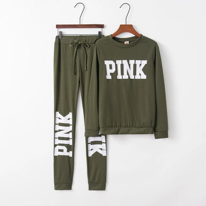 Women’s letter-print two-piece casual set in olive green: sweatshirt and jogger pants