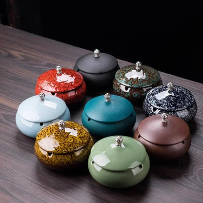 Creative Ceramic Ashtray with Lid – Anti-Fly Ash Desktop Ornament, 18 Styles