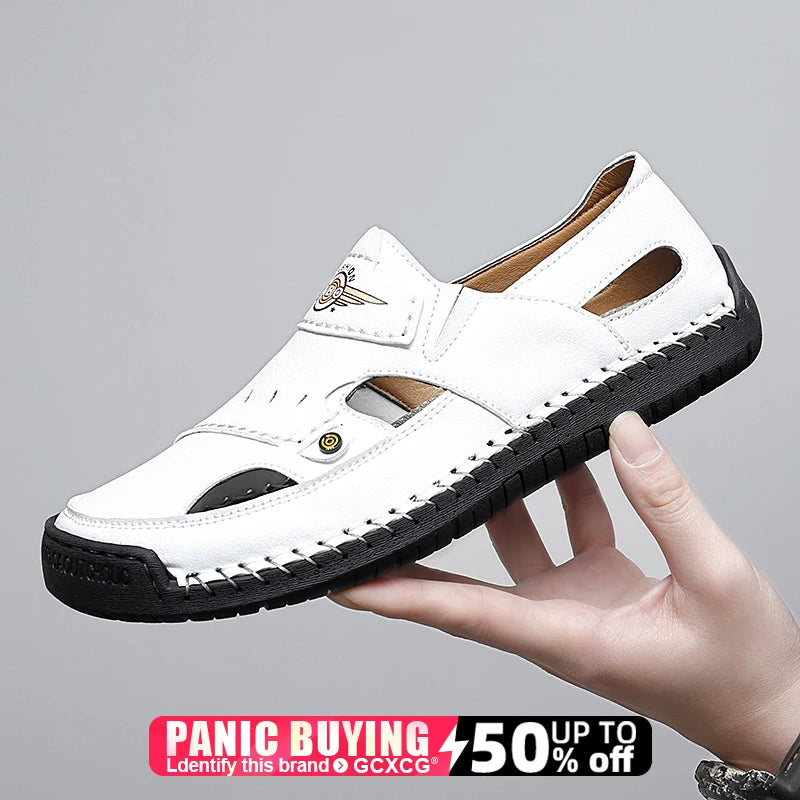 Men's Genuine Leather Beach Sandals - Breathable Hollow-Out Non-Slip Casual Slides