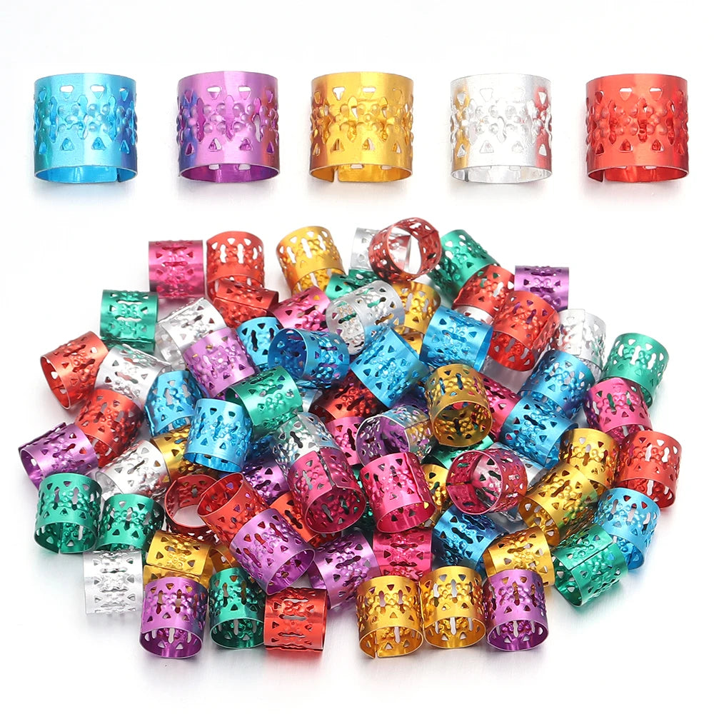 100Pcs/lot Dreadlock Hair Rings Metal Hollow Tube Dirty Dread Braids Adjustable for Cuffs Clip Hair Accessories Styling Tools - Shello's Creative Boutique