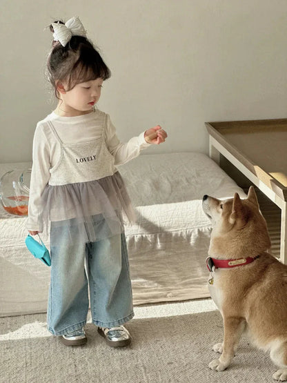 Girls’ Lace Straight-Leg Jeans – Spring 2025 Korean-Inspired Wide-Leg Denim - Shello's Creative Boutique