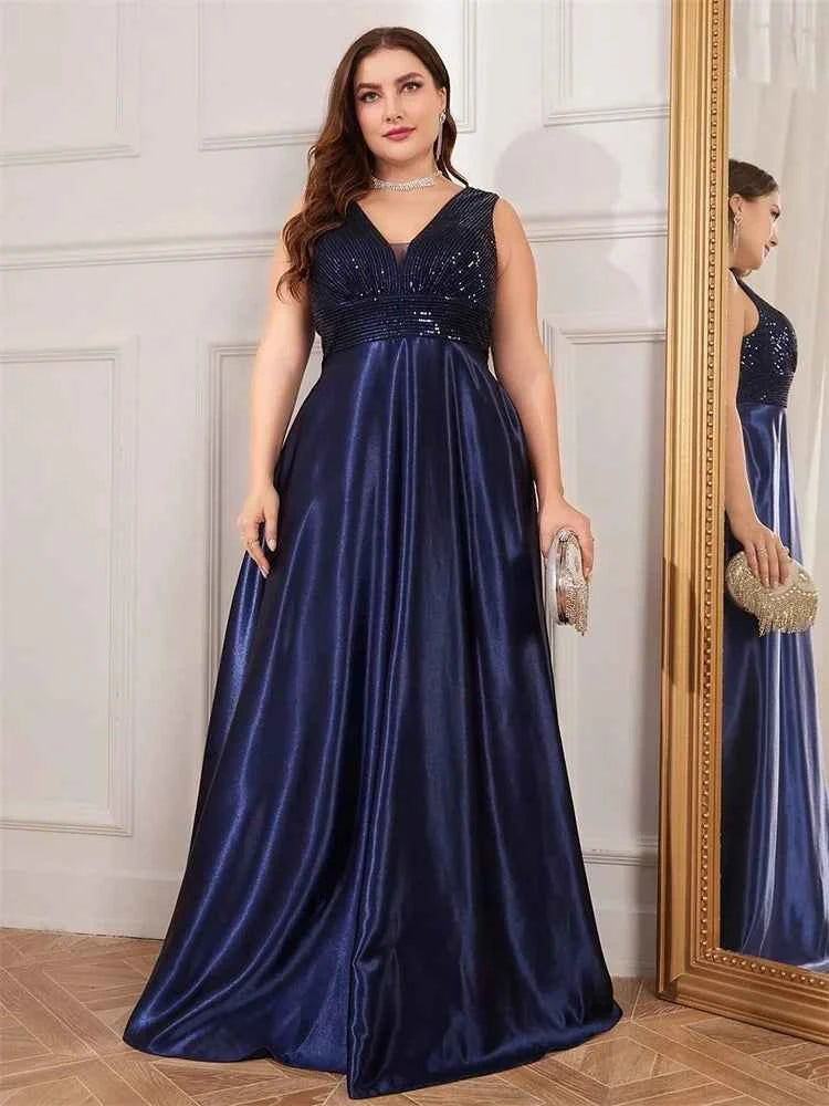 Plus Size Elegant Sequins Evening Dress For Women 2025 Deep V-neck Satin Prom Party Dress Floor Length Formal Bridesmaid Gowns