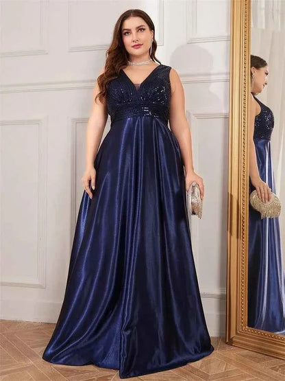 Plus Size Sequin Evening Dress - Deep V-Neck Satin Prom Gown | Floor Length - Shello's Creative Boutique