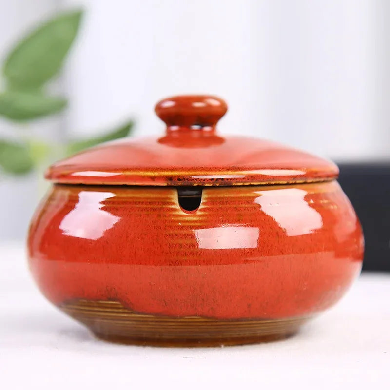 European Ceramic Ashtray with Lid – Kiln Glaze Retro Desktop Ash Tray