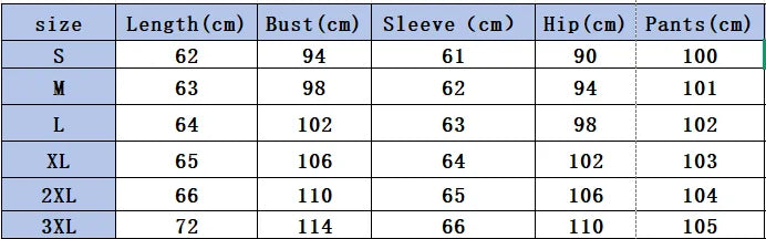 Size chart showing S–2XL measurements for length, bust, sleeve, and pants