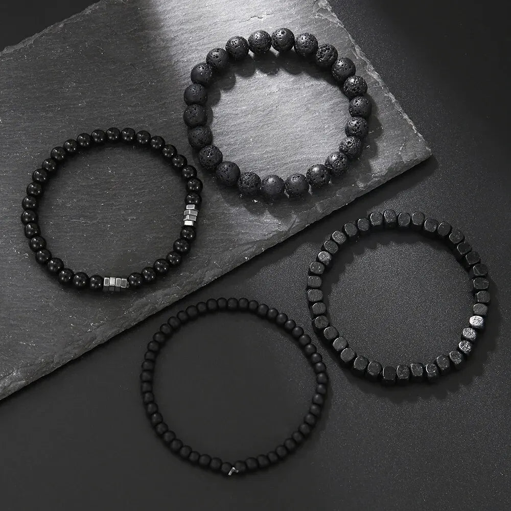 4-Piece Black Stone & Wood Bead Elastic Bracelet Set – Men's & Couples Jewellery