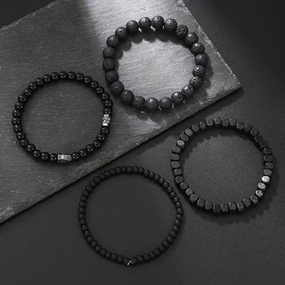 4-Piece Black Stone & Wood Bead Elastic Bracelet Set – Men's & Couples Jewellery