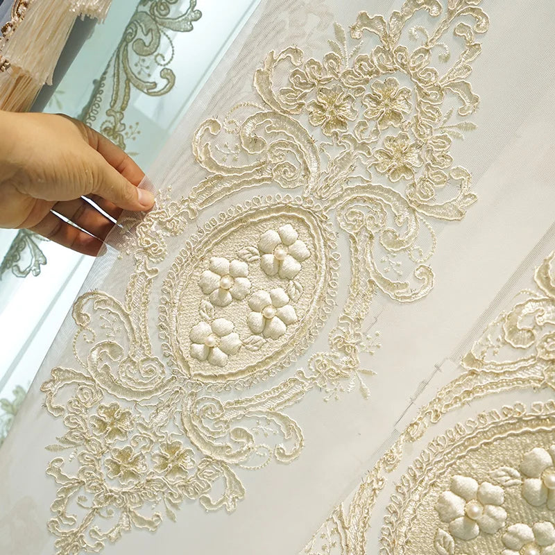 Modern European Luxury Curtains - Blue Velvet Spliced Tassel with Embroidered Tulle