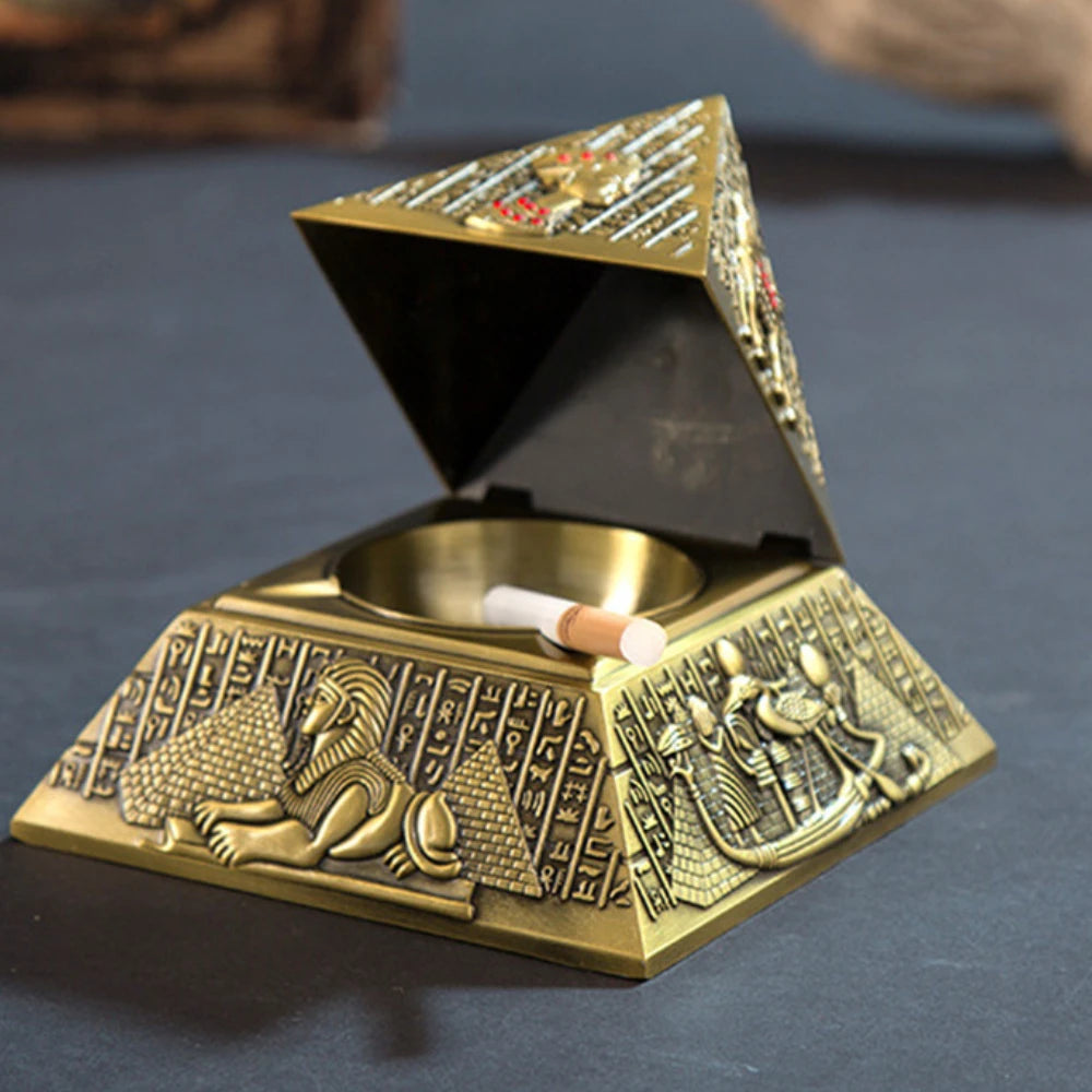 Egyptian Pyramid Ashtray with Lid – Vintage Metal Desktop Ornament