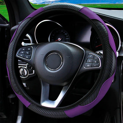 PU Carbon Fiber Leather Car Steering Wheel Cover - 14.5-15 Inches
